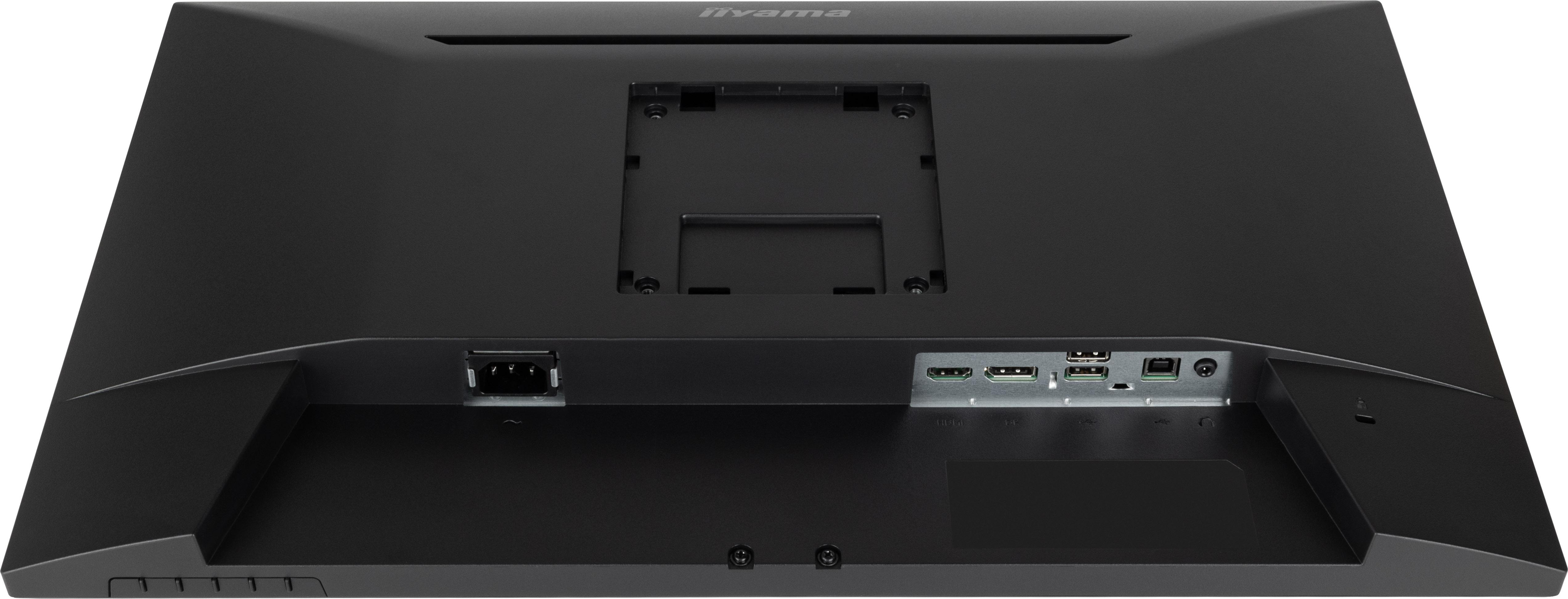 Rückseite eines schwarzen Computermonitors mit verschiedenen Anschlüssen und einer Halterung.