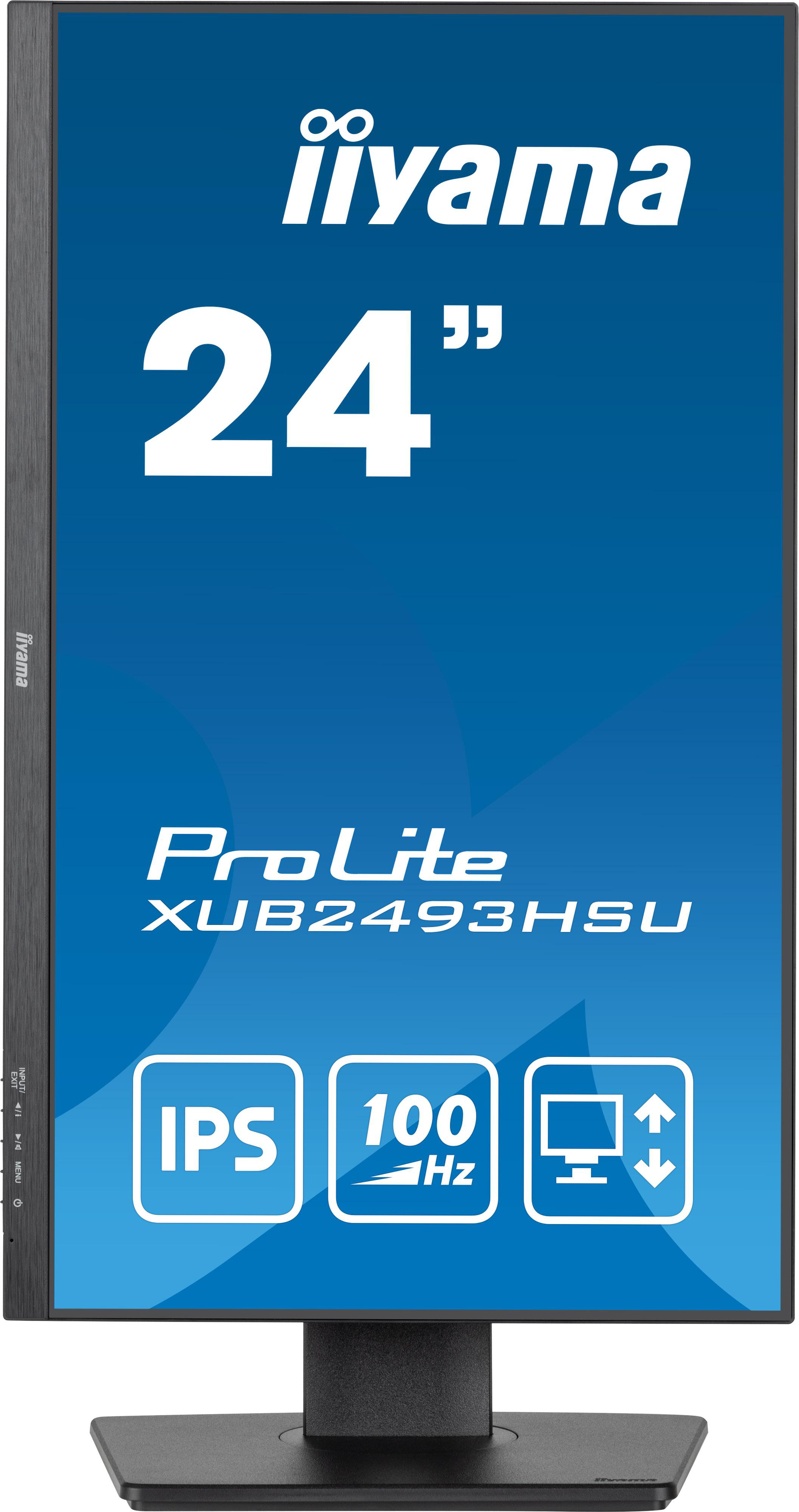 Ein 24-Zoll-Computermonitor mit Text und Symbolen auf blauem Hintergrund.
