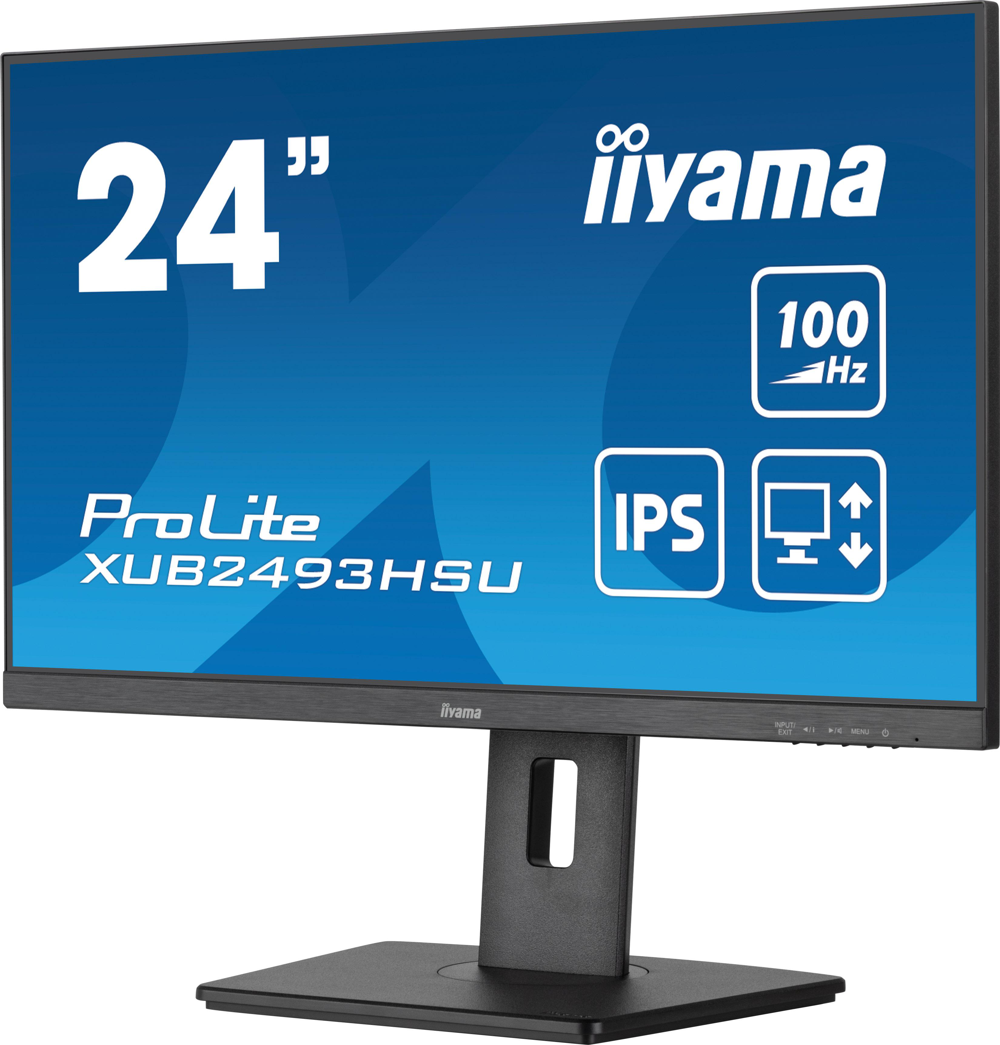 Ein 24-Zoll-iiyama-Monitor. Er hat einen schwarzen Ständer und ein blaues Display mit weißem Text.