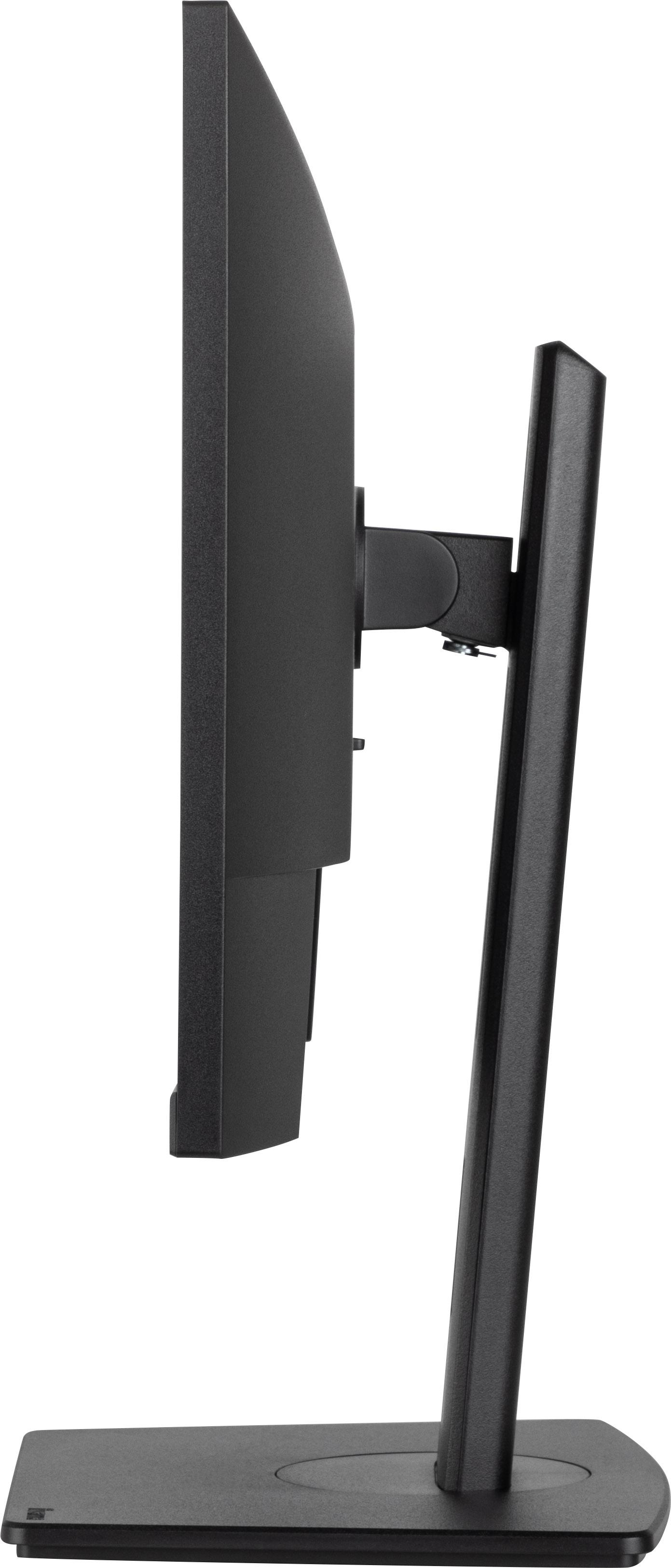 Seitenansicht eines schwarzen Computermonitors mit Ständer, auf weißem Hintergrund.
