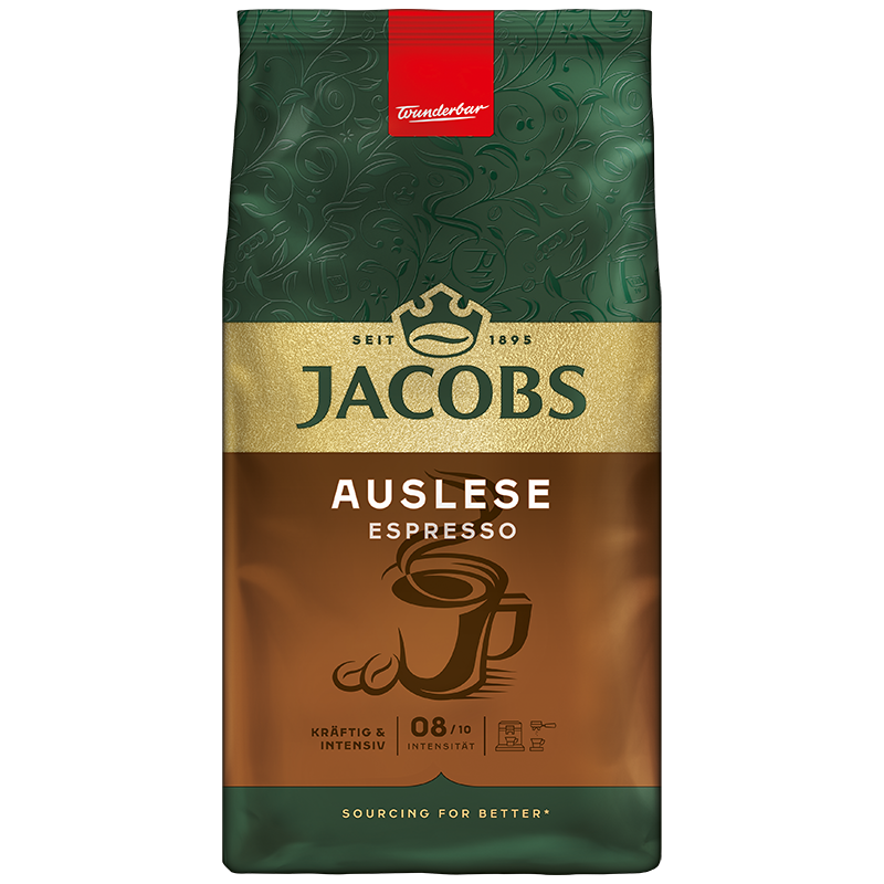 Jacobs Kaffeepackung mit 'Auslese Espresso'-Etikett. Grüner Oberteil, brauner Boden, Kaffeetassengrafik.