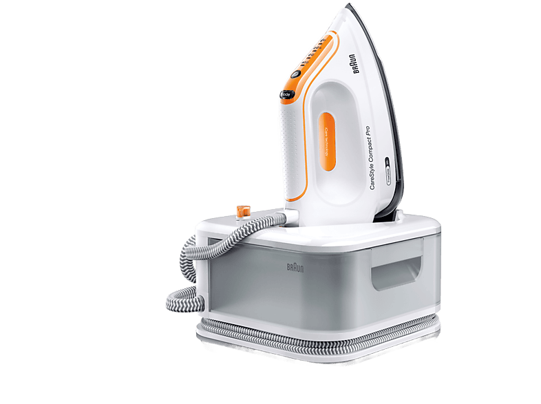 Centro de planchado - Braun CareStyle Compact Pro IS2561WH, Suela EloxalPlus, Freeglide3D, Golpe vapor 400 g/min, 6 bar, Blanco y Naranja