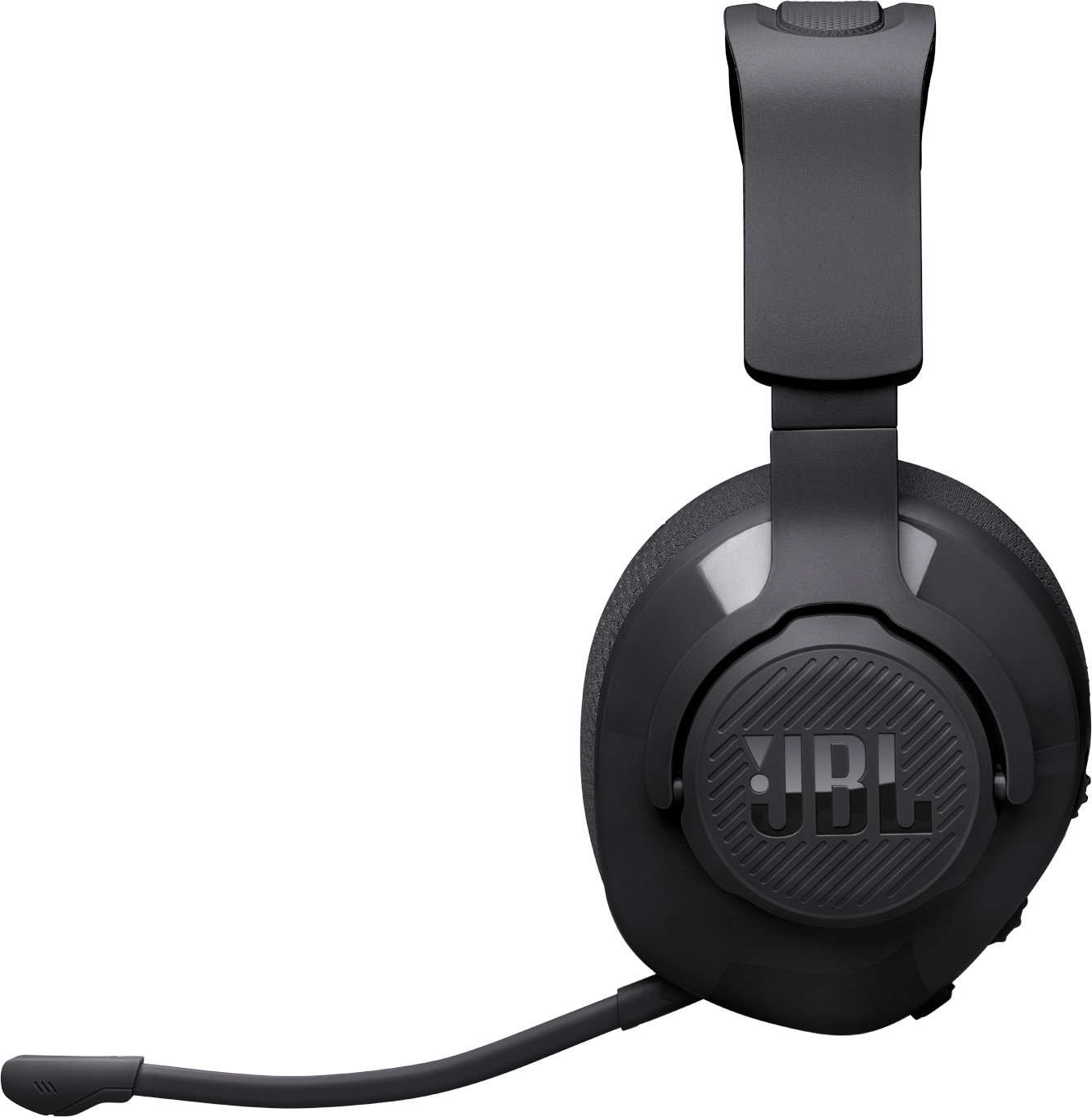 Fekete JBL fejhallgató mikrofonnal, fekete háttér előtt.