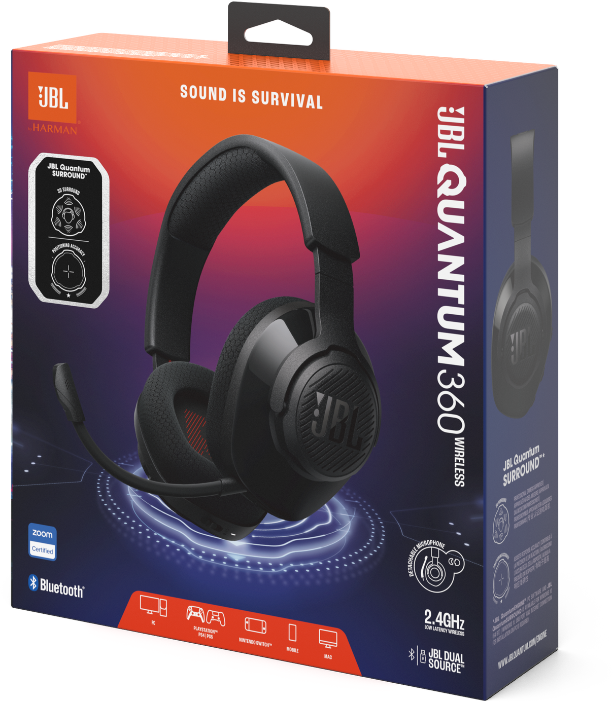JBL Quantum 360 vezeték nélküli gaming headset a dobozában. Fekete headset, narancs-kék doboz.