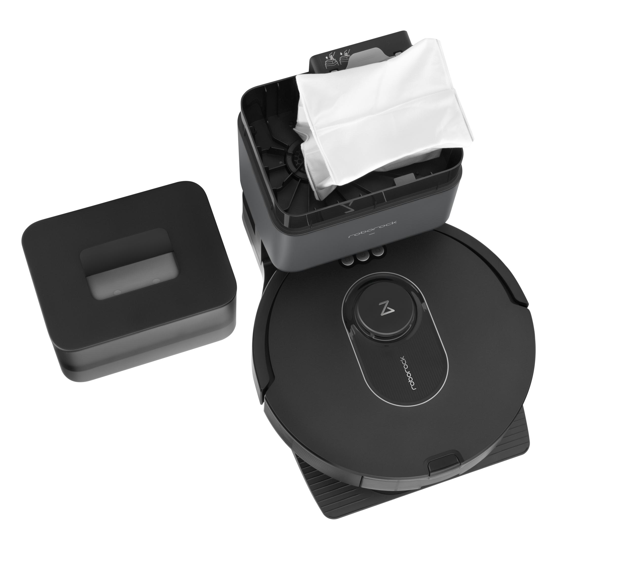 Schwarzer Roborock-Roboter-Staubsauger mit Ladestation und grauem Behälter.