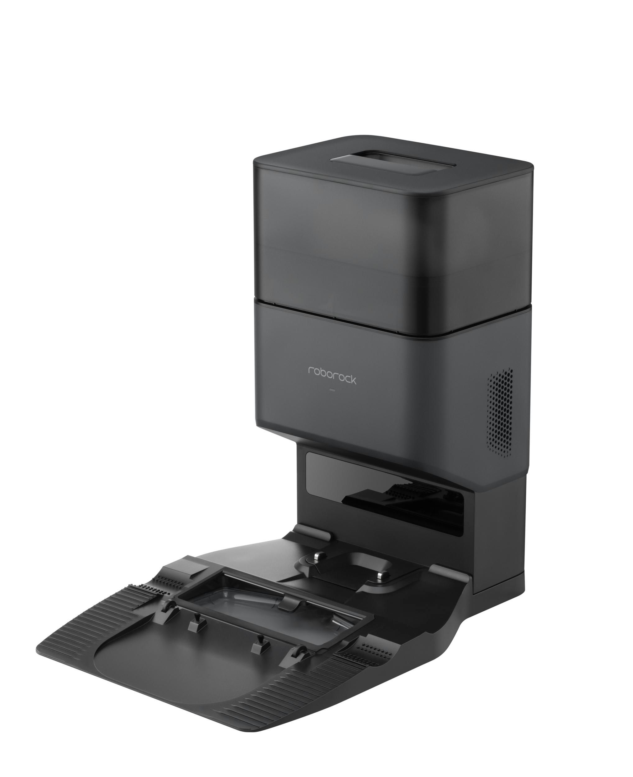 Schwarze Roborock Staubsaugerbasis. Es ist eine Selbstreinigungsstation mit Oberteil.