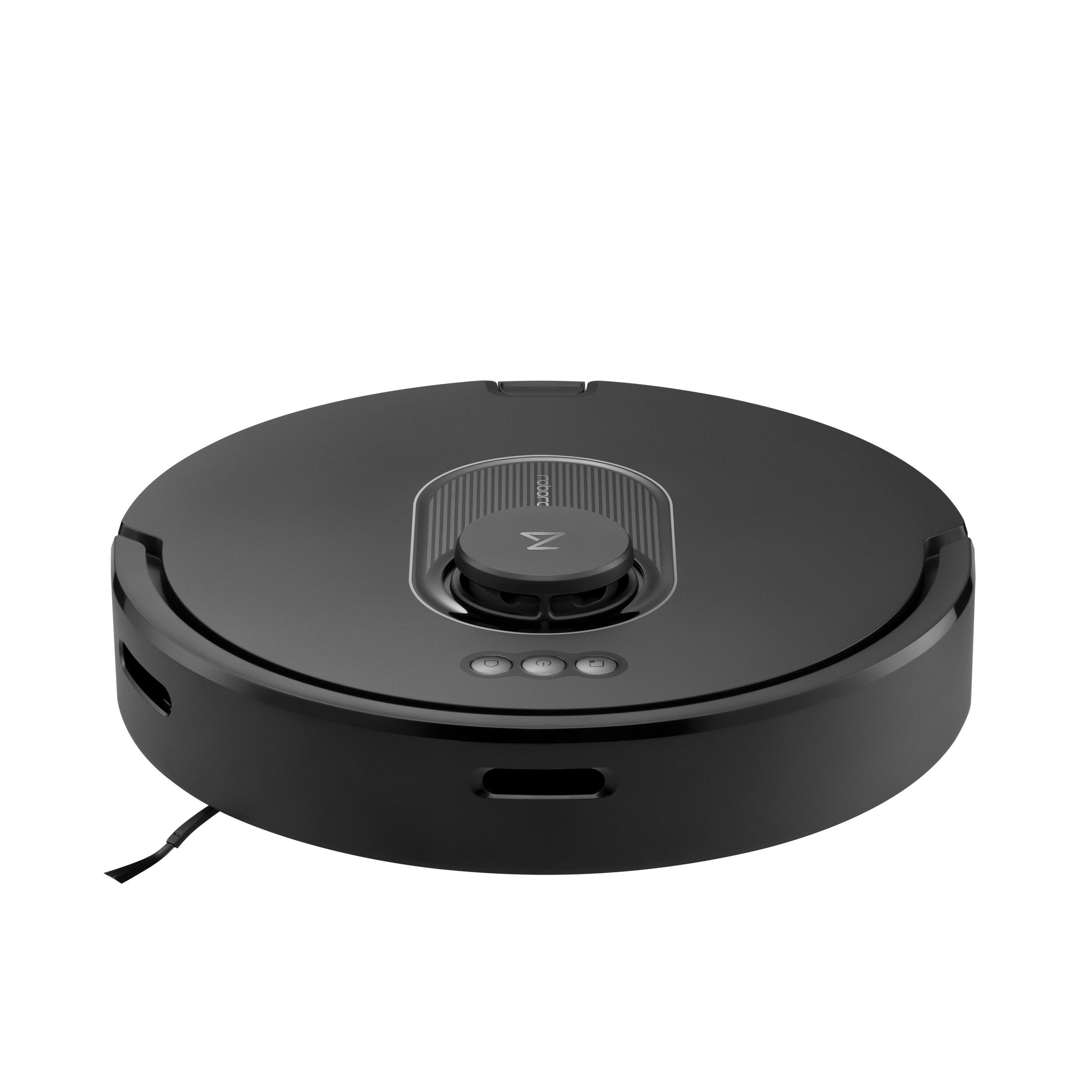 Schwarzer, runder Roboter-Staubsauger mit Knöpfen und einem schwarzen Kabel.