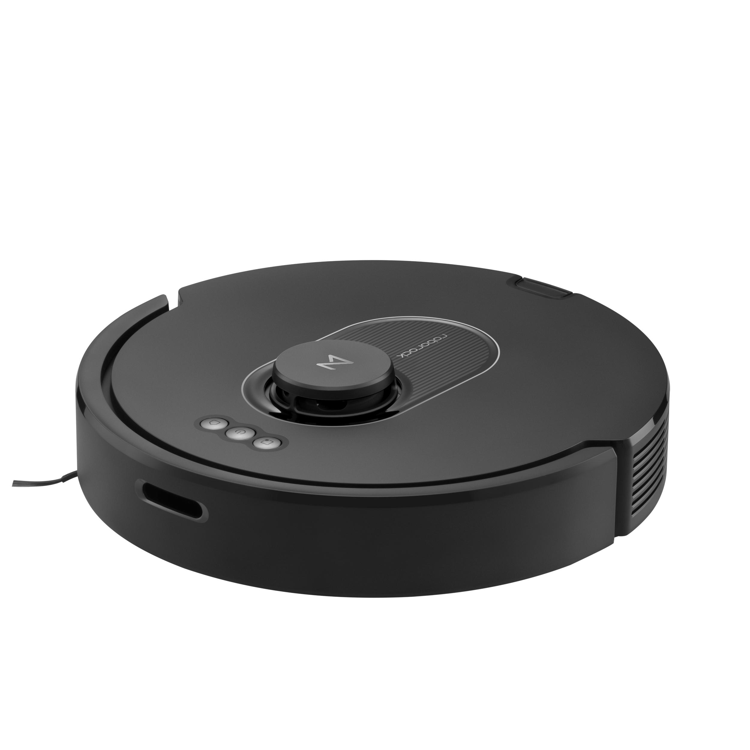Ein schwarzer, kreisförmiger Roboter-Staubsauger.