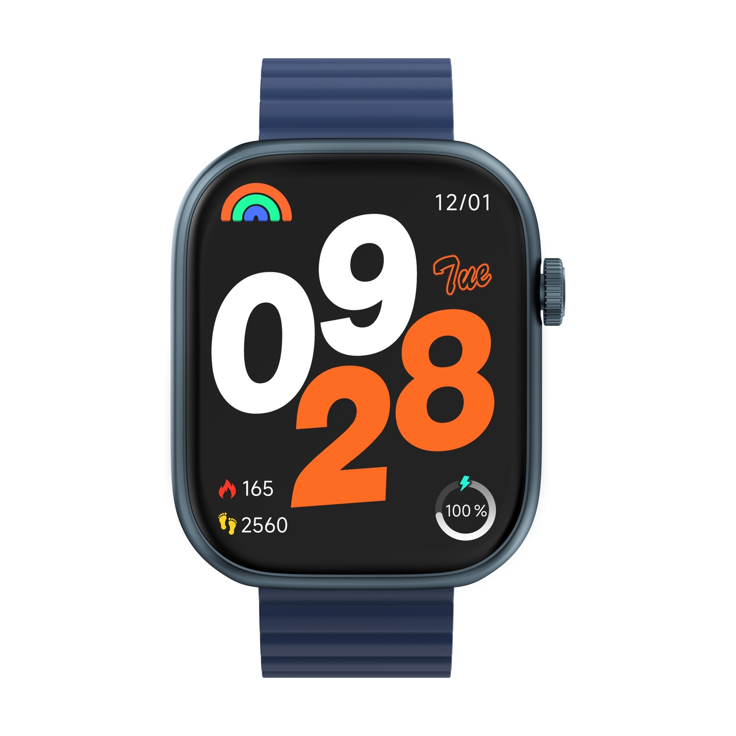 Smartwatch con cinturino blu. Il display mostra l'ora: 09:28 e le statistiche: 165 calorie, 2560 passi.