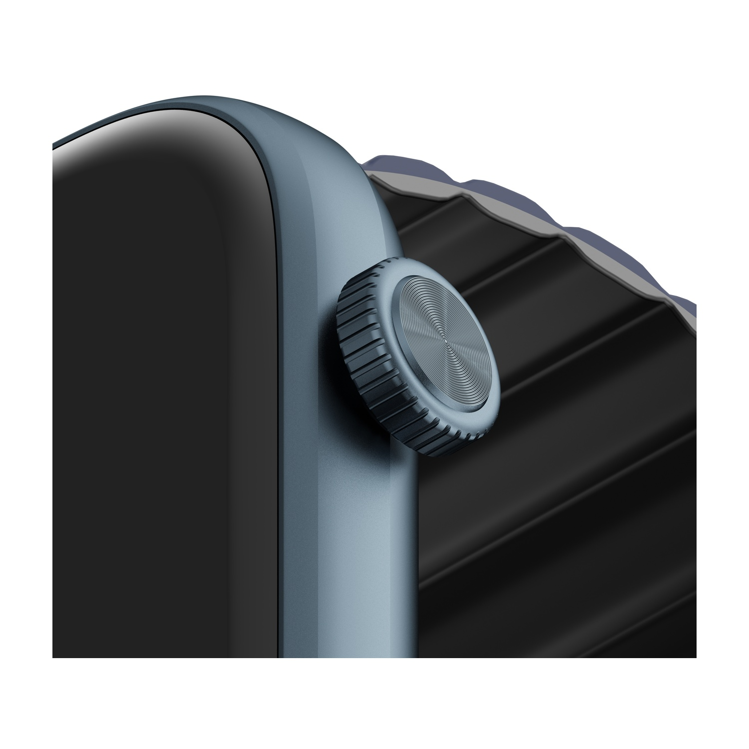 Primo piano del quadrante e del pulsante laterale di uno smartwatch blu. Cinturino nero sullo sfondo.