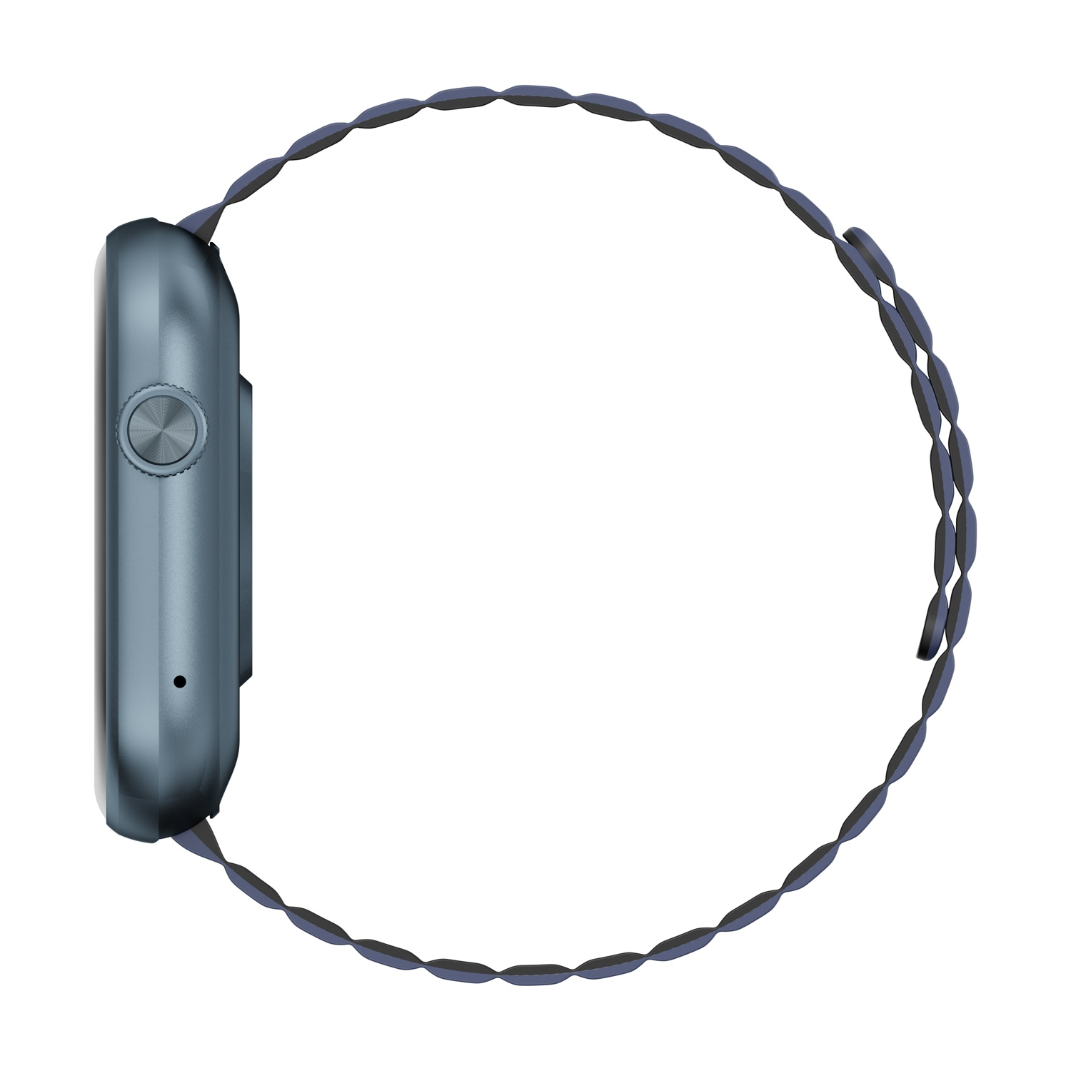 Smartwatch con cinturino blu-grigio e quadrante quadrato. Vista laterale, con pulsante visibile. Sfondo bianco.