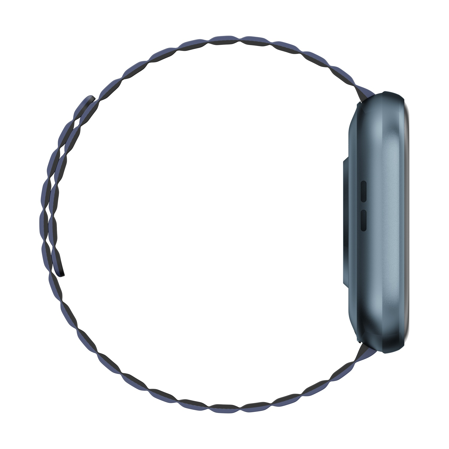 Vista laterale di uno smartwatch blu scuro con cinturino blu scuro, sfondo bianco.
