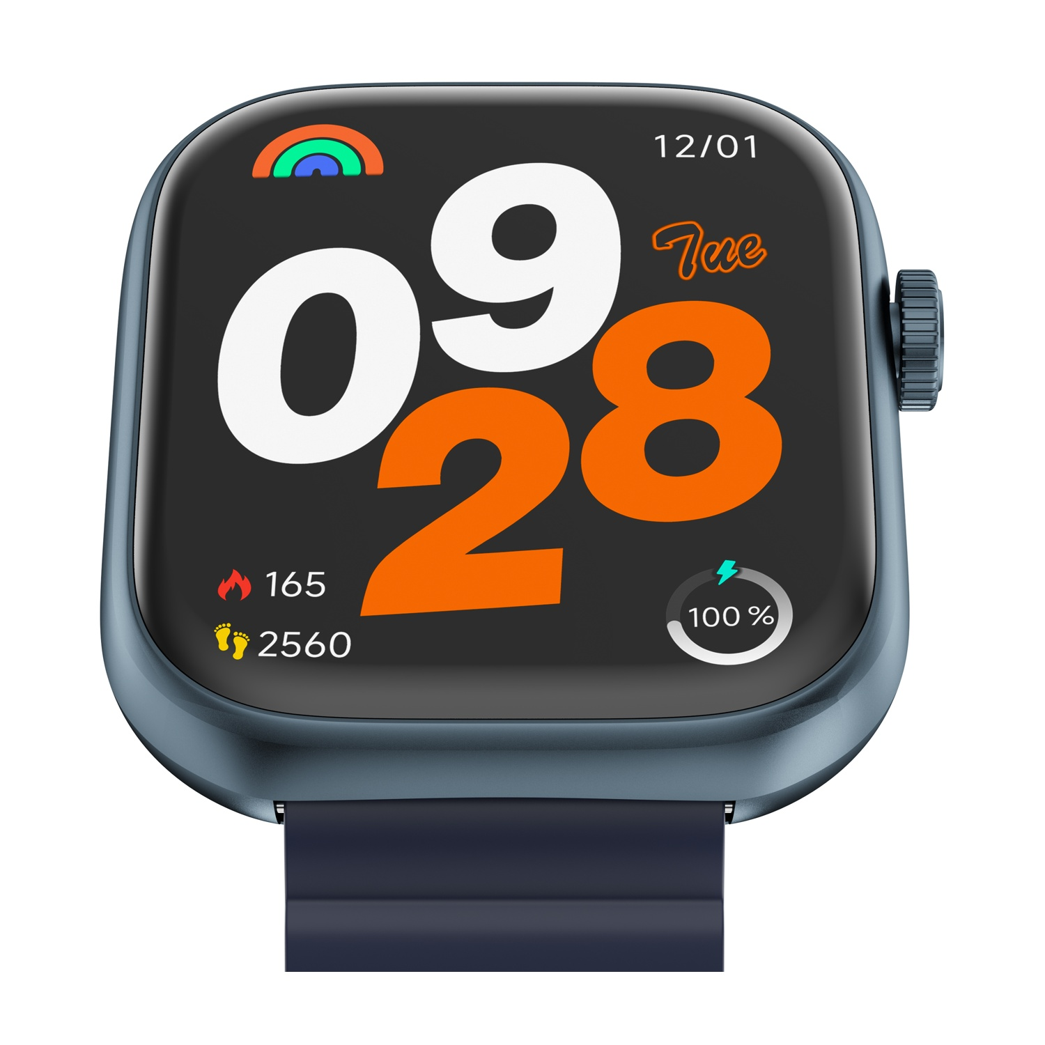 Uno smartwatch che mostra la data e l'ora, insieme allo stato di salute e della batteria.