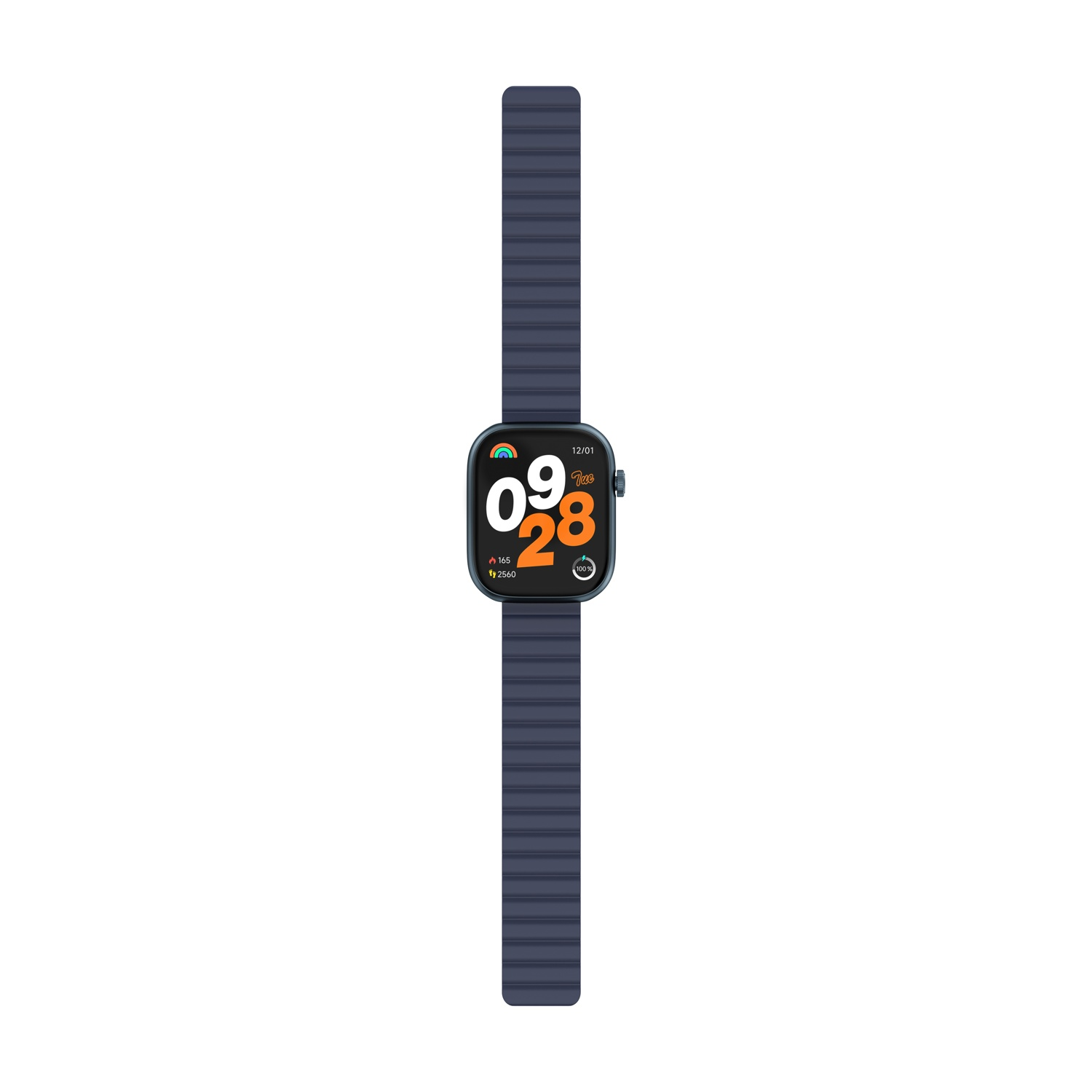 Smartwatch con cinturino blu. Lo schermo mostra l'ora e le metriche di salute.
