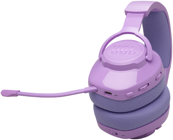 Lila JBL gaming headset mikrofonnal. A headset gombokat és mikrofont tartalmaz a bal oldalon.