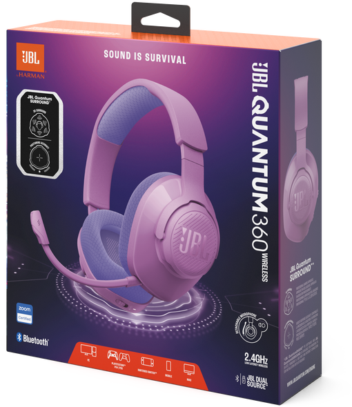 JBL Quantum 360 vezeték nélküli fejhallgató doboza, rózsaszín fejhallgatóval és mikrofonnal.