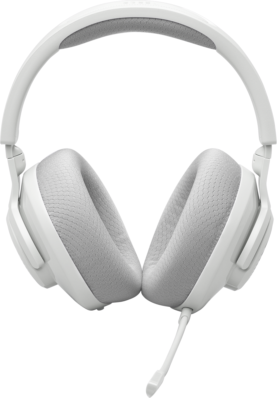 Fehér gamer fejhallgató mikrofonnal. A fülpárnák szürkék.