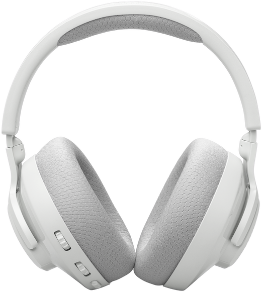 Fehér fejhallgató, over-ear stílus. A szürke háló fedi a fülkagylókat. Minimalista design. Szürke háttéren izolálva.