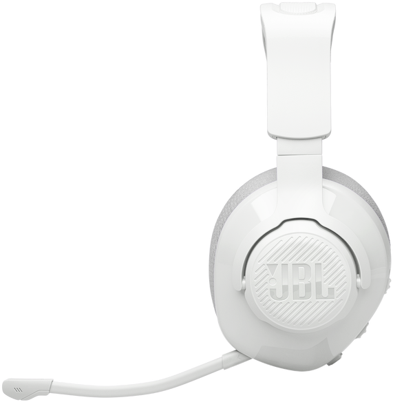 Fehér JBL fejhallgató mikrofonnal. A design tiszta és egyszerű.