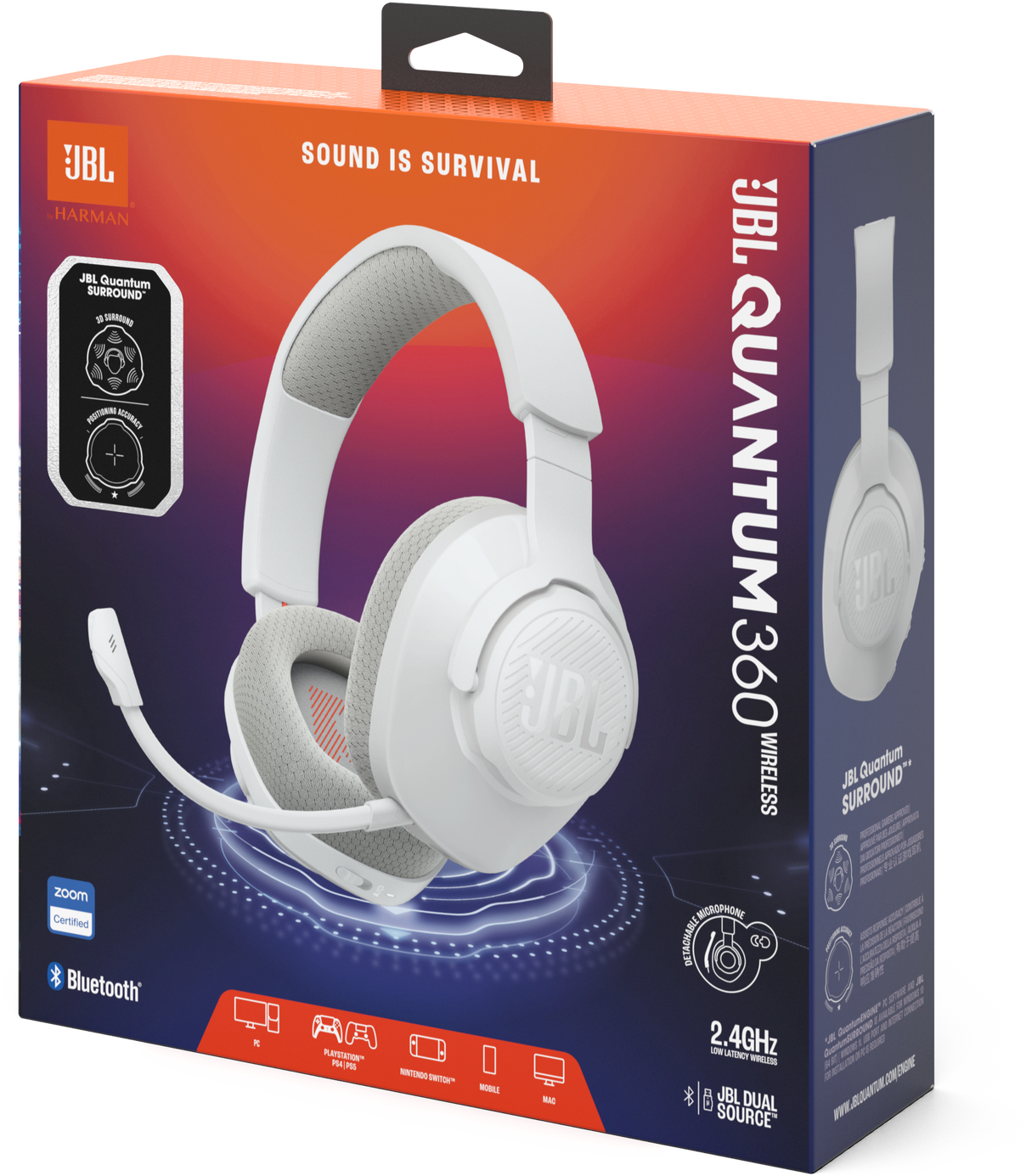 Fehér JBL fejhallgató dobozban. A dobozban fejhallgató, mikrofon és Bluetooth található.