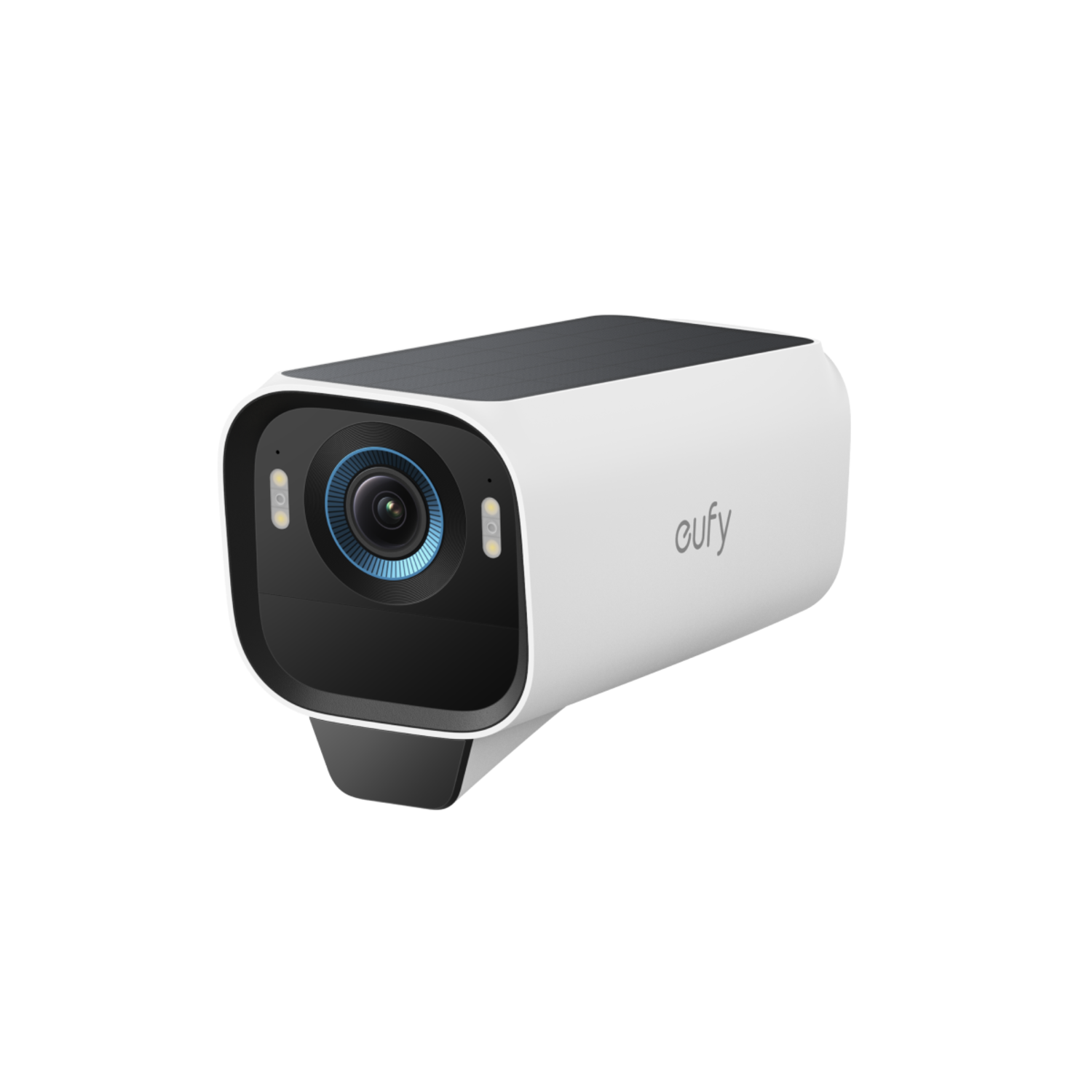 White security camera with black accents. Circular lens and two lights visible. Black background.