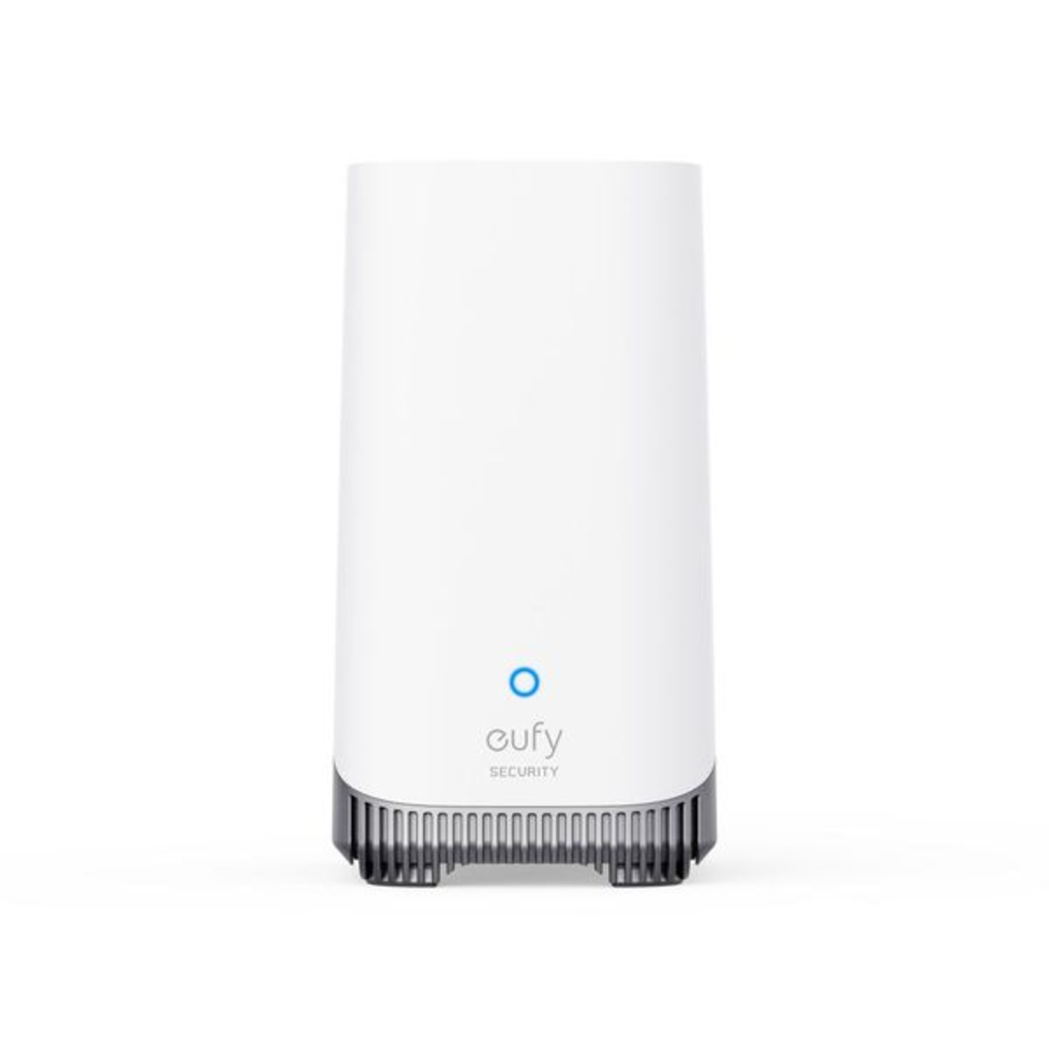 A white cylindrical device with a blue light and the word 'eufy' on it, with a dark grey base.