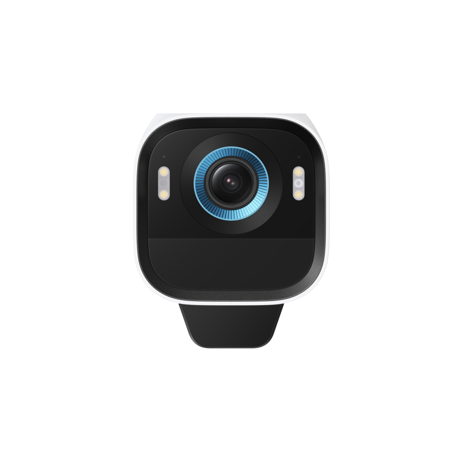 A black and white security camera with a blue center lens, on a black background.