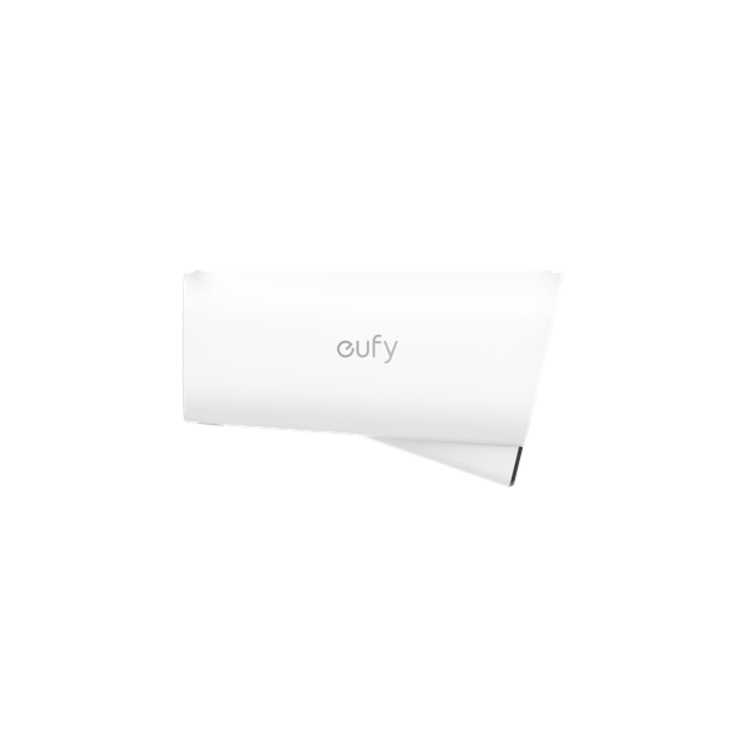 A white security camera with the word 'eufy' on it. Black background.
