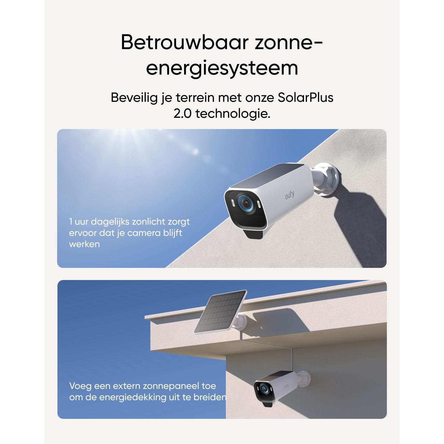 Two images showing a white security camera and a solar panel setup on a white wall.