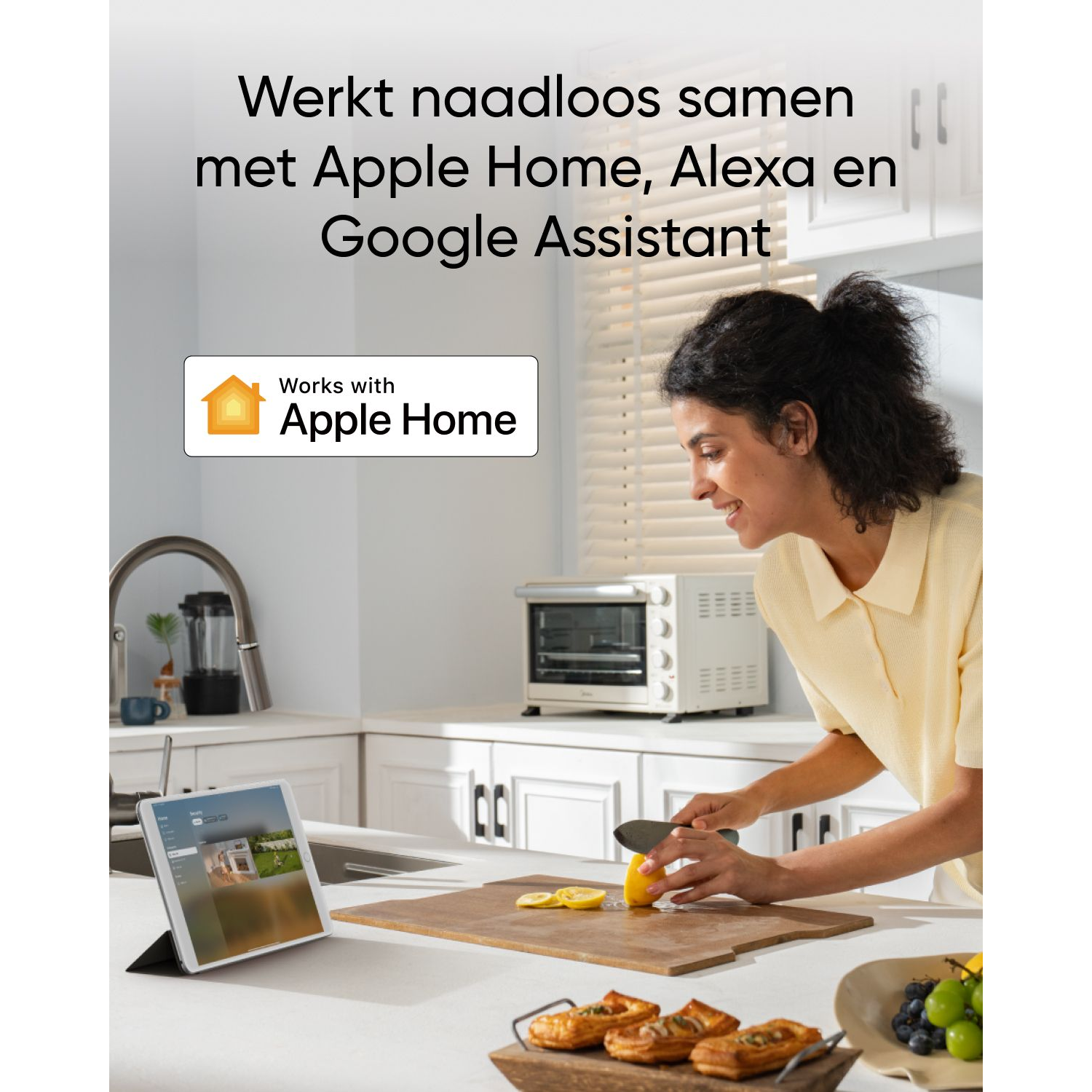 A woman cutting a lemon in a kitchen with a tablet and text about smart home integration.