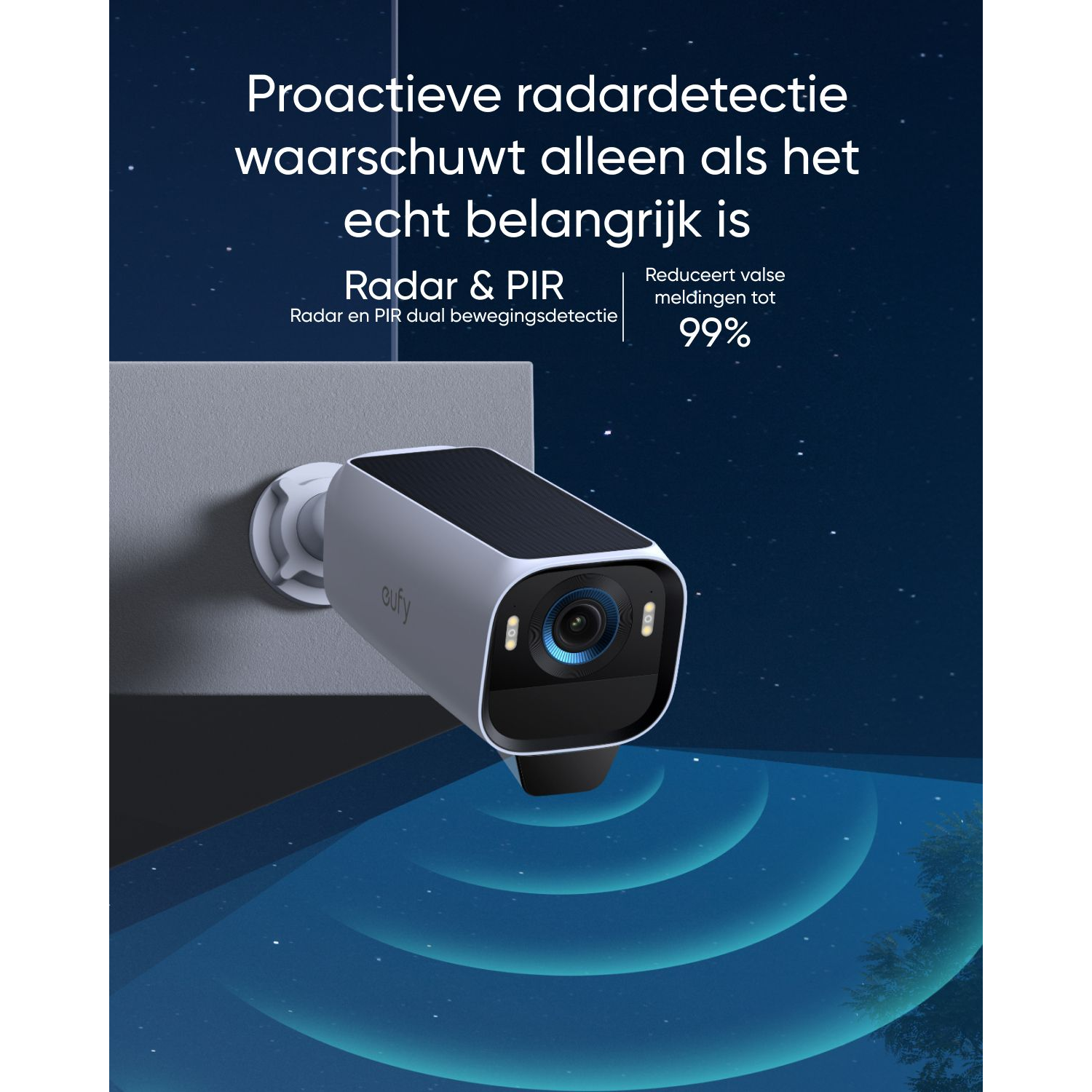 A white security camera with a black solar panel, mounted on a gray surface. Text in Dutch is visible.