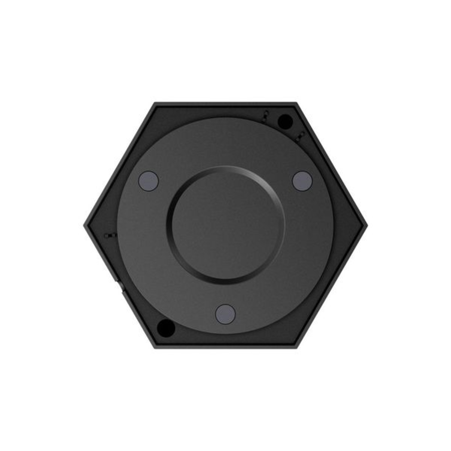 Une vue de dessus d'une base noire hexagonale avec un élément circulaire et des trous de vis.