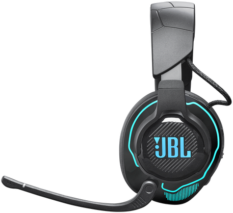Fekete JBL gaming headset kék díszítéssel és mikrofonnal.