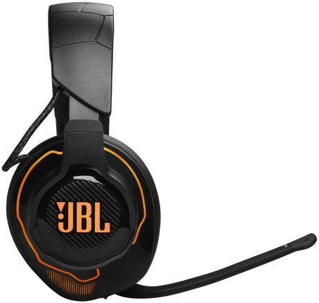 Fekete és narancssárga JBL fejhallgató. A fejhallgatón mikrofon van.