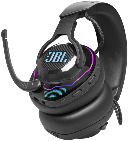Fekete JBL gamer fejhallgató mikrofonnal, világító díszítésekkel. Fekete háttér.