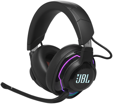 Egy fekete gamer headset lila és kék fénnyel.