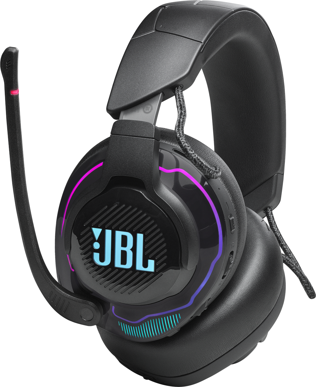 Fekete JBL gamer headset RGB-vel, elölnézet, fekete háttér.