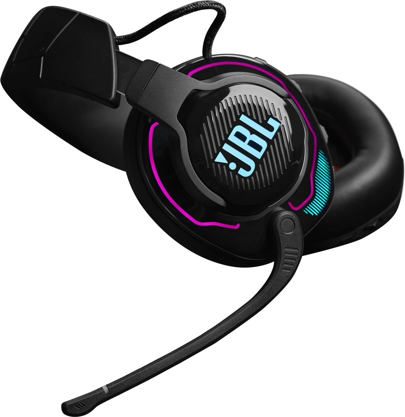 Fekete JBL gamer headset, oldalsó nézet, RGB világítással, fekete háttér.