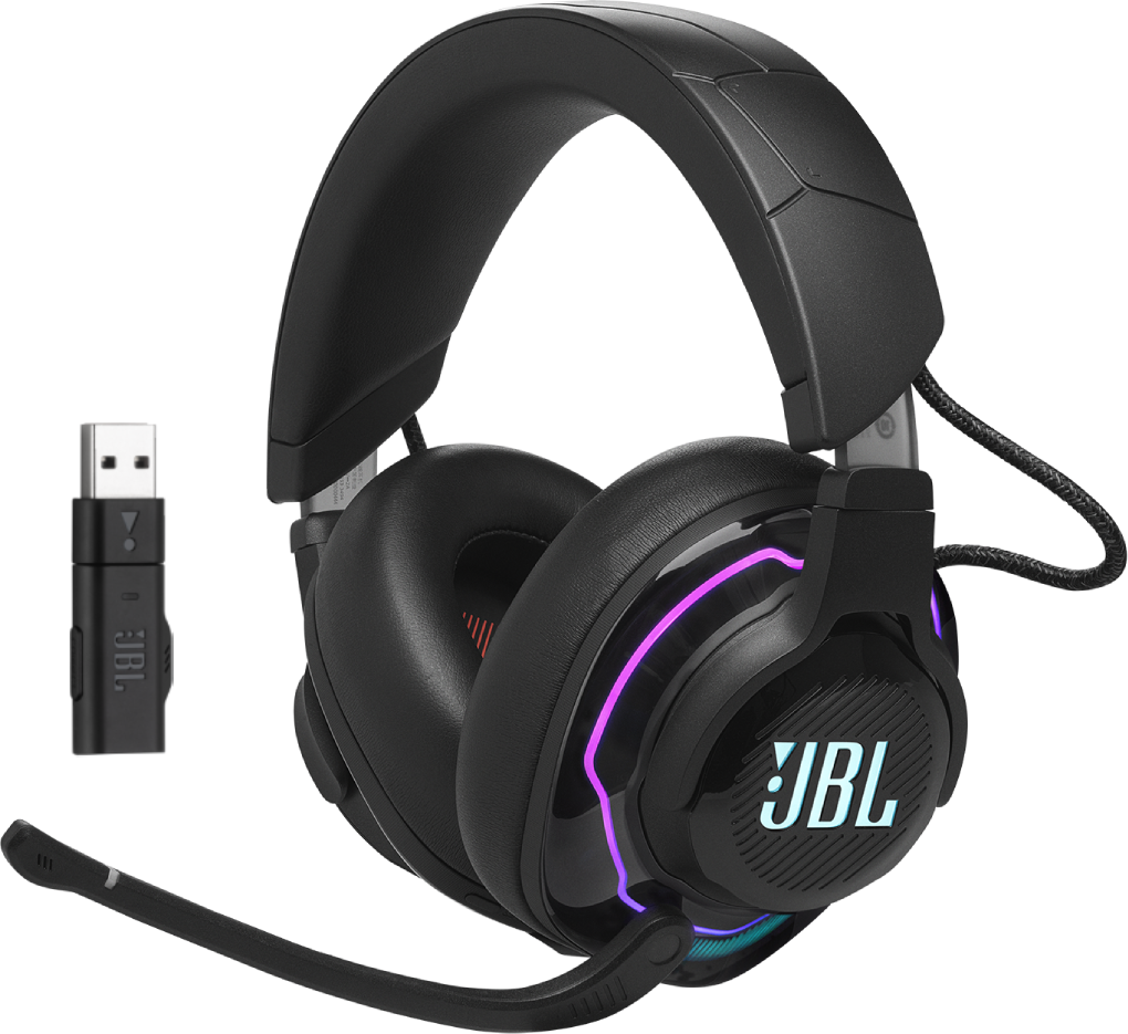 Fekete JBL fejhallgató mikrofonnal. Tartalmaz egy USB adót. Megvilágított.