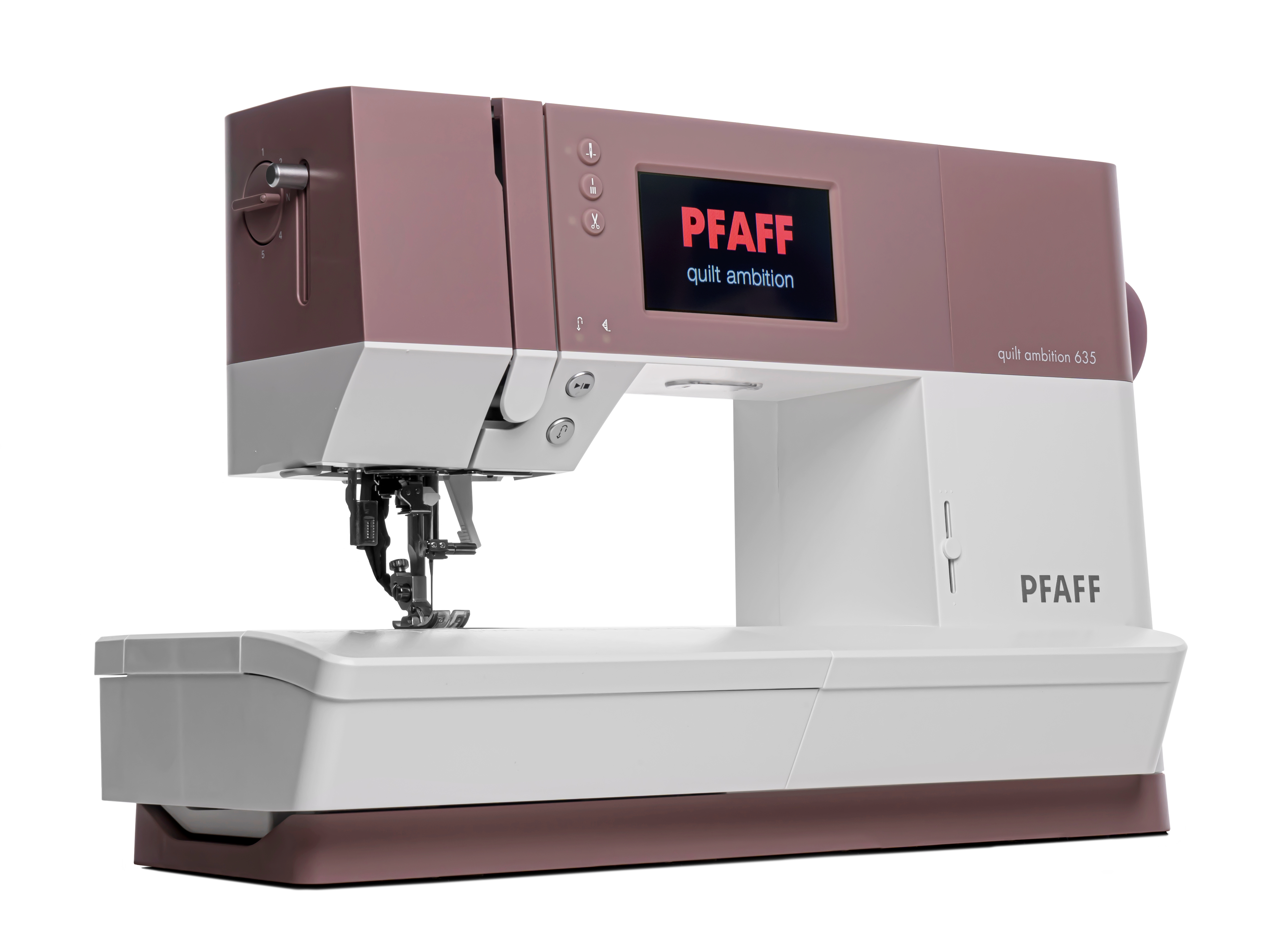 Nähmaschine. Weiß und Rosa, mit einem LCD-Bildschirm mit Text.