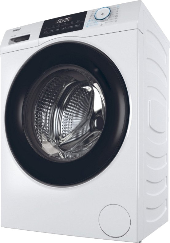 White washing machine, black door, digital display, and control panel. Perspective view.