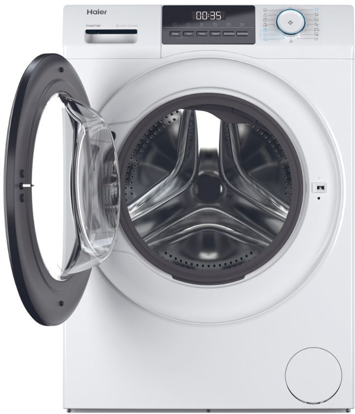 White Haier washing machine with the door open, revealing the drum.