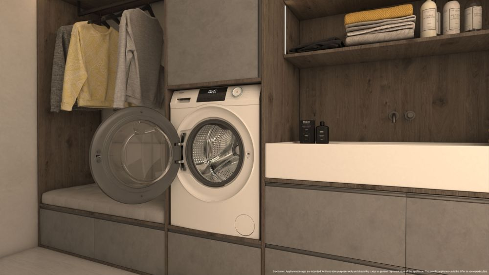 A laundry room scene with a washing machine, open door, and storage cabinets with clothes.