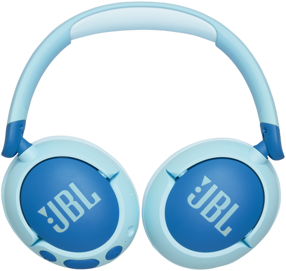 Fejhallgató kék fülkagylókkal és fejpánttal. A 'JBL' logó a fülkagylókon található.