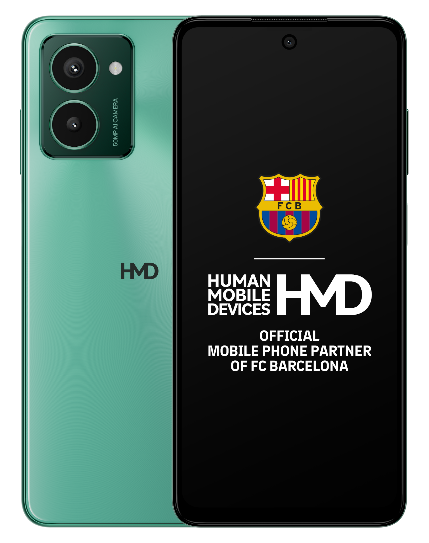 Zielony smartfon z dwoma aparatami i czarnym ekranem z logo FC Barcelona.