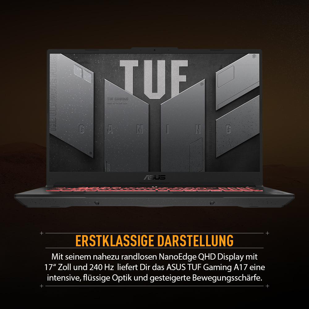 Schwarzer Laptop mit roten Tasten, der einen Bildschirm mit Text anzeigt. Schwarzer Hintergrund mit weißem Text.