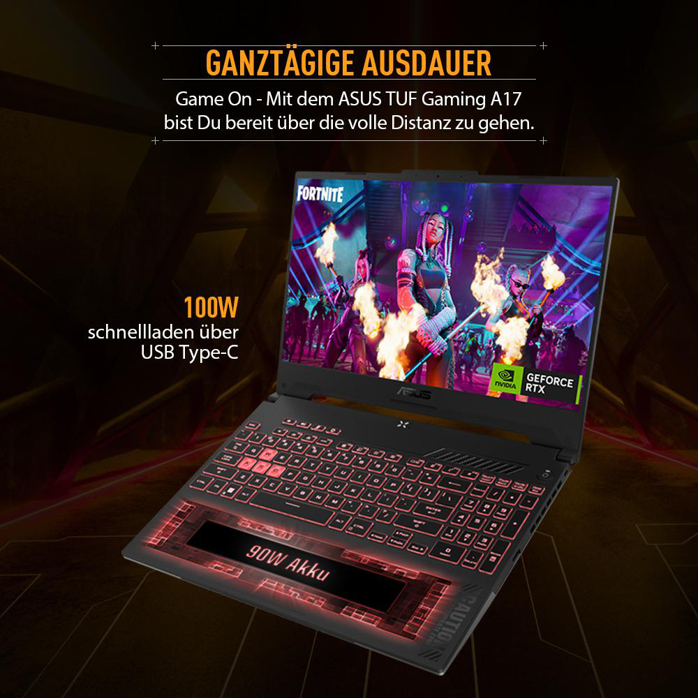 Ein Laptop mit einer Spielszene auf dem Bildschirm und Textüberlagerung, leuchtend.