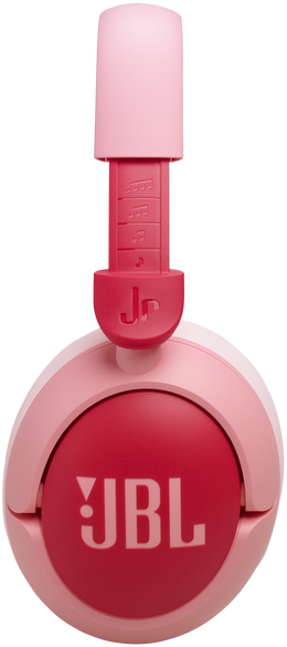 Rózsaszín JBL fejhallgató. Fülkagylók és fejpánt rózsaszín, piros logóval és állítható pánttal.