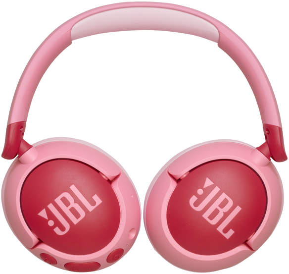Rózsaszín JBL fejhallgató piros fülkagylóval és JBL logóval, elölről nézve.