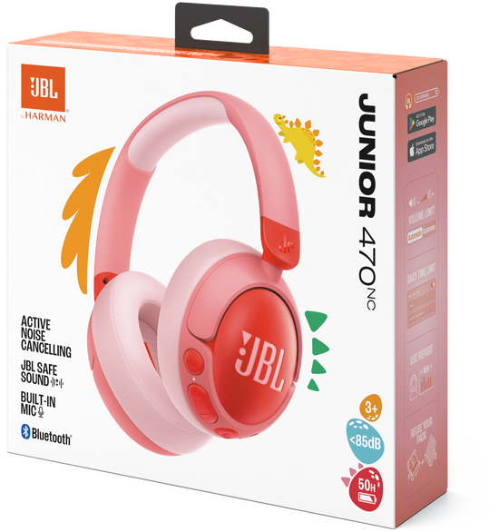 Rózsaszín és fehér JBL Junior 470NC fejhallgató doboz. A dobozban a fejhallgató és annak funkciói láthatók.